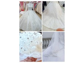 فستان زفاف+ طرحة+بوكيه