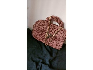 Homemade brown crochet bag with gold chain and good clasp